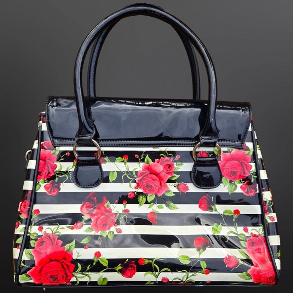 Y2K Glossy Top Handle Shoulder Bag Black White Striped Red Rose Floral Emo Goth - Picture 6 of 14